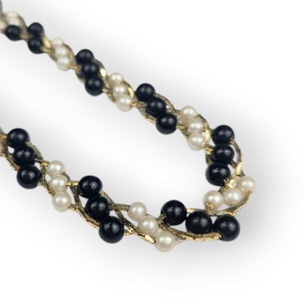 Vintage Trifari Braided Chain Necklace Faux Pearl Cream Black Cobra Link 24.5"